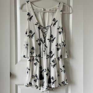 Vintage Havana White/Cream and Navy Embroidered Floral Tassel Romper-S